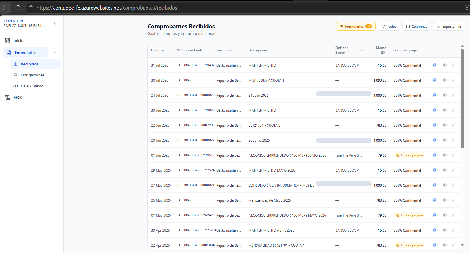 ContaOPE — registro de comprobantes recibidos